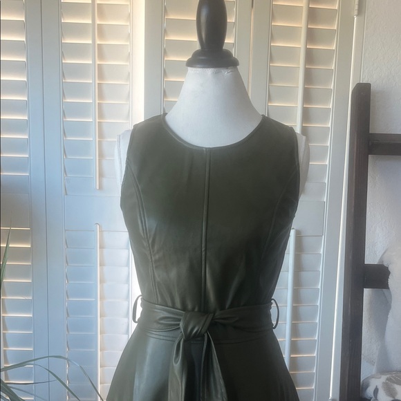 Chic Olive Green Midi Dress Pleather with matching belt. - Picture 2 of 10